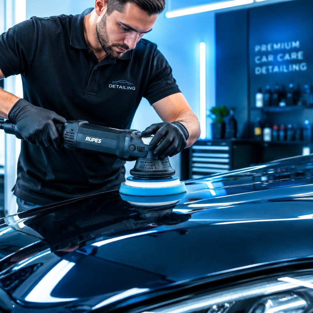 Detailer puliendo el capó de un auto con productos profesionales